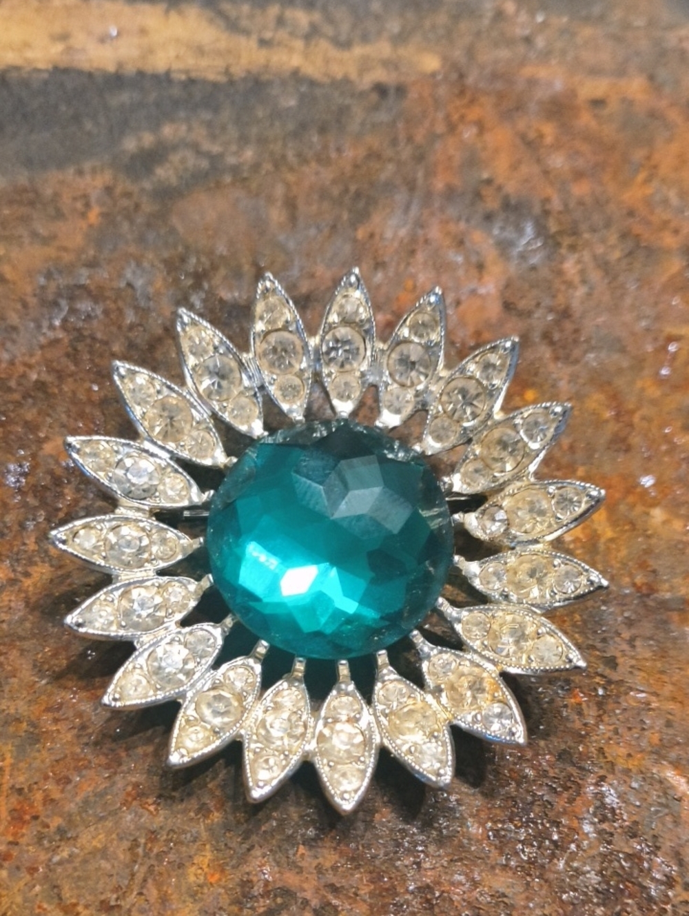 Teal Crystal Sunburst Brooch - Women Jewelry